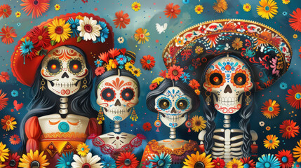 Wall Mural - composition of simplified figures wearing traditional Day of the Dead masks, using vibrant colors to capture the festive spirit