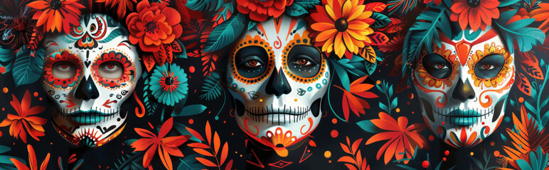 Wall Mural - composition of simplified figures wearing traditional Day of the Dead masks, using vibrant colors to capture the festive spirit