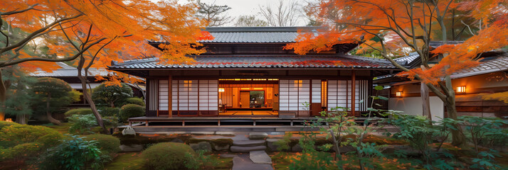 Wall Mural - Travel Ad for Japan's Autumn: Serene Traditional House Amidst Fall Colors