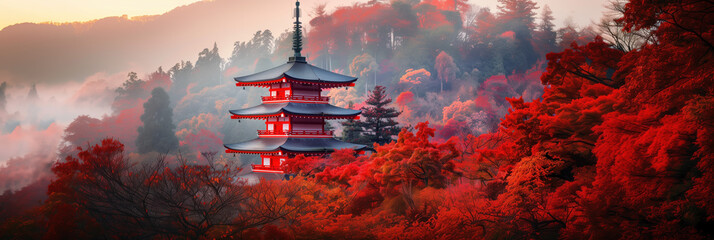 Wall Mural - A Banner of Japanese Pagoda Framed by Spectacular Autumn Foliage in Japan