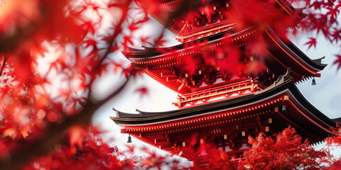 Wall Mural - Japanese Pagoda Roof Amid Red Leaves, Nature Travel Scene