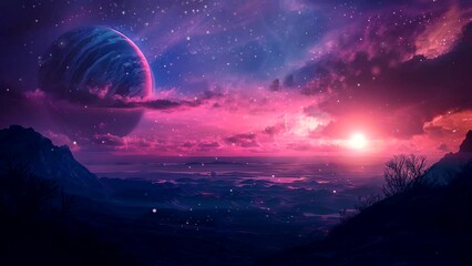 Wall Mural - Amethyst Odyssey: A Captivating Glimpse of the Purple Planet. Seamless looping time-lapse virtual 4k video animation