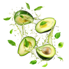 Fresh, delicious avocado halves splashing with leaves, cut out