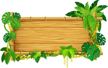 Bamboo tropical frame with jungle lianas and leaves. Cartoon vector wooden signboard, wood plank or border with green vines and Amazon thicket. Timber panel with rainforest plants, game menu interface