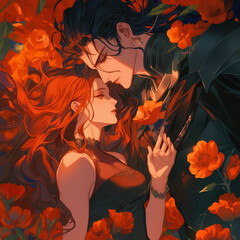 Wall Mural - anime illustration of a vampire couple, vampires, ancient vampires sleeping on a field of flowers, dark fantasy romance, vampire romance illustration