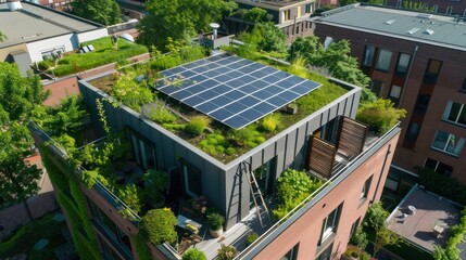 Canvas Print - A rooftop garden with solar panels providing shade and generating electricity.