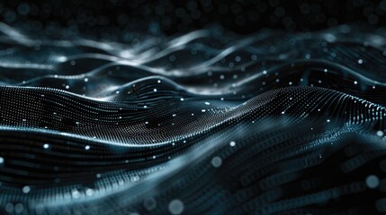 blue and black abstract digital waves with glowing white dots. aig535