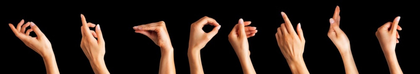 Wall Mural - Set of woman hands showing different gestures, pointing and showing signs