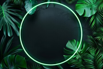 Tropical leaves with round neon frame for background on black. Fluorescent summer tropic background