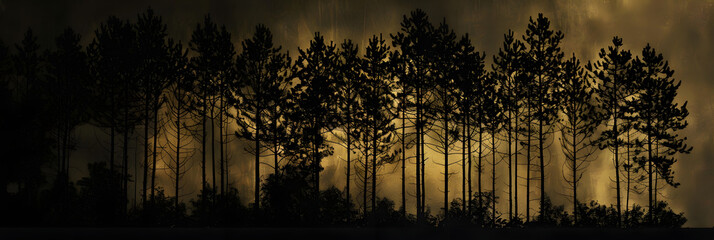 Poster - The silhouettes of trees against a dark, twilight black background