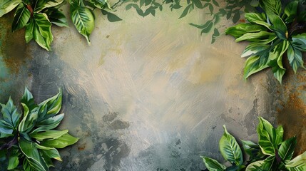 Sticker - Fresh Green Leaves Frame on Rustic Backdrop