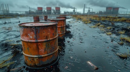 Industrial soil pollution with toxic waste barrels, contaminated ground, and nearby industrial plants.