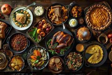 Wall Mural - Beautiful autumn table setting. Plates, cutlery, glasses, pumpkins and floral decor, above view