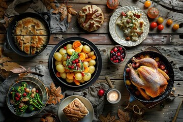 Wall Mural - Beautiful autumn table setting. Plates, cutlery, glasses, pumpkins and floral decor, above view