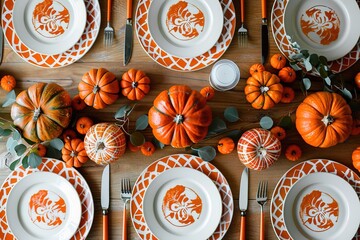 Wall Mural - Beautiful autumn table setting. Plates, cutlery, glasses, pumpkins and floral decor, above view