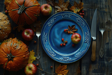 Wall Mural - Collage with beautiful table setting with autumn decor for Thanksgiving Day on dark background, top view