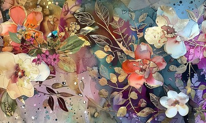 Wall Mural - A painting of flowers with gold accents