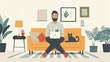 © Thanyaporn - Flat design illustration of a freelancer balancing work and leisure The image shows a modern living space with a laptop, smartphone, and a pet nearby The freelancer is multitasking, enjoying a