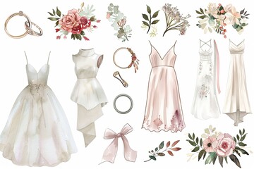 Canvas Print - A collection of dresses and accessories, including a wedding ring