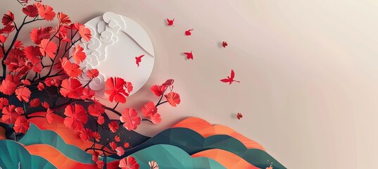 Poster - A colorful paper flower arrangement with a red moon in the background