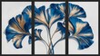 © Design Hub - A stunning set of three painting artworks featuring exquisitely detailed blue and gold ginkgo leaves artfully arranged on a pristine white background.