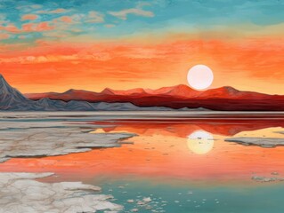 Sticker - Vibrant Sunset Over Tranquil Lake Reflection