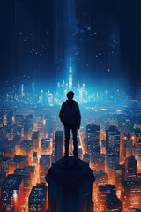 Wall Mural - Man Standing Over Illuminated Futuristic Cityscape