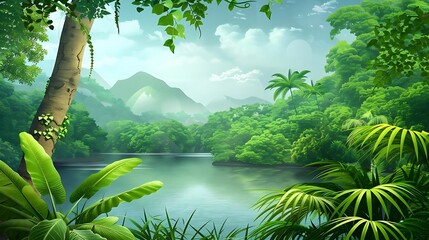 Lush Tropical Jungle River Illustration