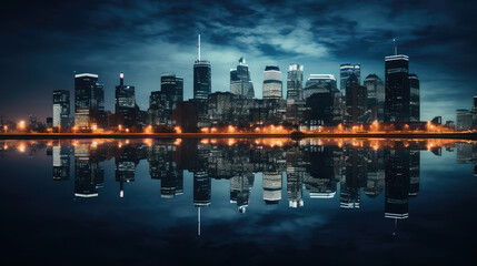 Wall Mural - Serene Dusk: City Skyline Mirror Reflection