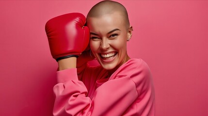 Wall Mural - A woman with a shaved head and boxing gloves.