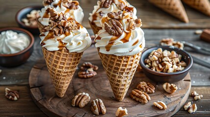 Wall Mural - Cone cakes with butter cheese frosting and caramelized nuts on wooden board