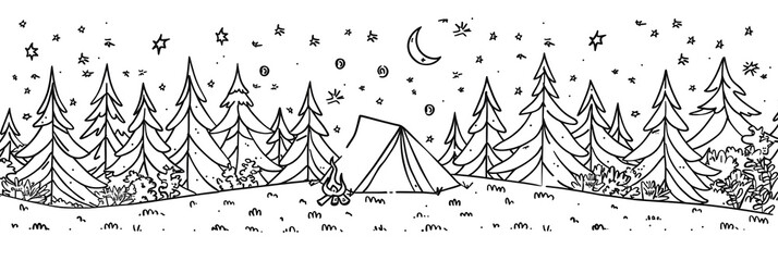 Poster - a line drawing on white background of a camping scene with a single tent