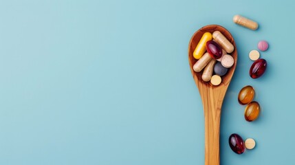 Wall Mural - Wooden spoon filled with various health supplements on blue background Banner with empty space