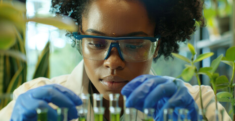 Canvas Print - A close-up shot of an African American female scientist in her lab, wearing glasses and blue gloves while conducting plant research with test tubes filled with green liquid on the table in front of he