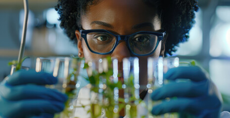 Wall Mural - A close-up shot of an African American female scientist in her lab, wearing glasses and blue gloves while conducting plant research with test tubes filled with green liquid on the table in front of he