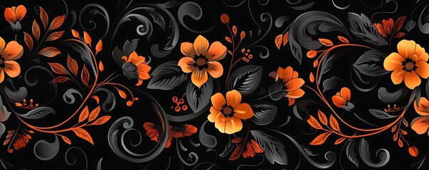 Vintage seamless black floral pattern with vibrant orange accents and classic elements, vector illustration