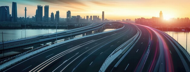 Poster - Sunset Glow over Modern City Highway