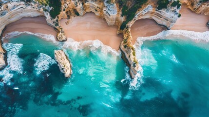 Poster - An aerial perspective of a picturesque coastline, with turquoise waters lapping against golden sandy beaches and rocky cliffs