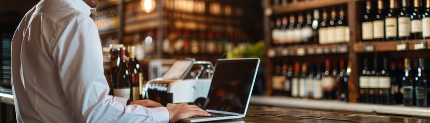 Man using laptop at wine shop counter, surrounded by bottles, digital point of sale system in use, modern retail technology in wine store.