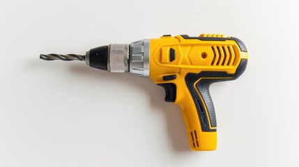 Top view of cordless screwdriver with self tapping screws on white background