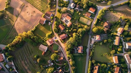 Sticker - An aerial shot of a serene countryside village, with quaint houses, winding roads, and surrounding farmland