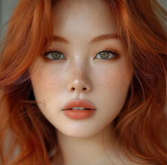 Canvas Print - beautiful asian girl redhead With different eyes color, Close up of Asian woman's face, green eyes, hazel eyes, red hair looking at camera