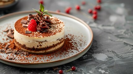 Wall Mural - Tiramisu cake with chocolate decoration on a plate grey stone background