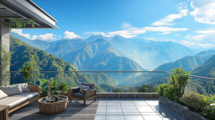 balcony view overlooking majestic mountains on a sunny day. The terrace is adorned with comfortable seating