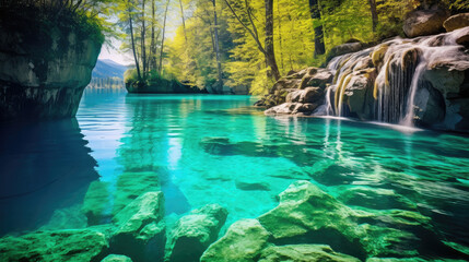 Canvas Print - Tranquil Lake with Waterfall in Forest