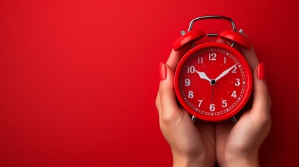 Wall Mural - hand holding alarm clock on red background