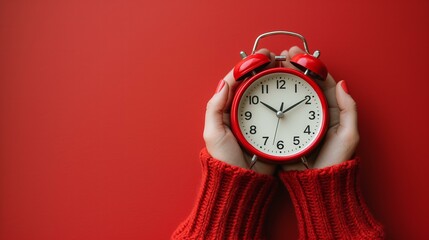 Wall Mural - woman in a winter sweater holds a vintage alarm clock