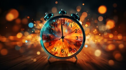 Wall Mural - alarm clock on bokeh background with golden dust.