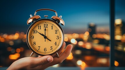 Wall Mural - alarm clock in hand on a blurred background