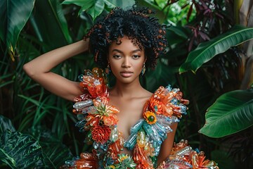 Wall Mural - Woman in colourful recycled material dress in a lush garden